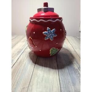 Hallmark Christmas Ornament Shaped Decorated Cookie Jar W/ Lid Red Ceramic